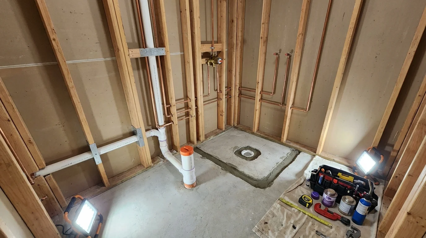 Bathroom rough-in plumbing during remodel by Johns Plumbing LLC in Lexington